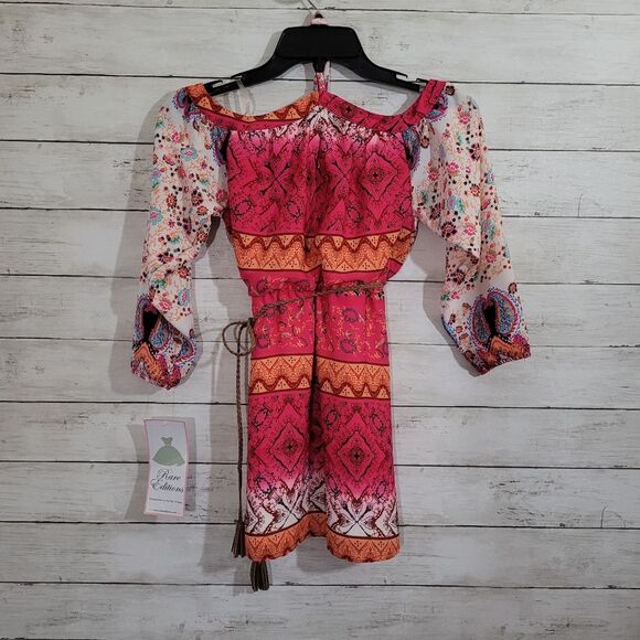 Girls Rare Editions Boho Chic Aztec Design Fuchsia Floral Cold-Shoulder Dress 7 - Picture 3 of 15
